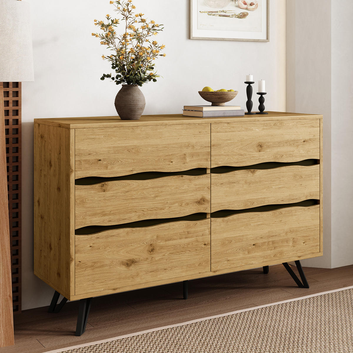 SIDEBOARD mit 6 Schubladen, Holzoptik mit wellenförmigen Fronten und schwarzen Metallfüßen, 120/40/75,5 cm,Naturfarben - Naturfarben, Holzwerkstoff (120/75.5/40cm) - Redom