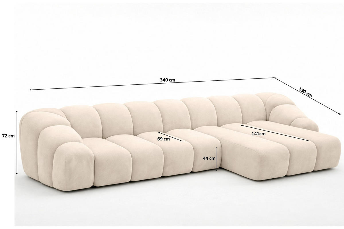 ECKSOFA Modulare L-Form, Veloursstoff Bluvel, Creme, Rechts, CROISSANT XL - Creme, Holz (340/190cm) - Kaiser Möbel
