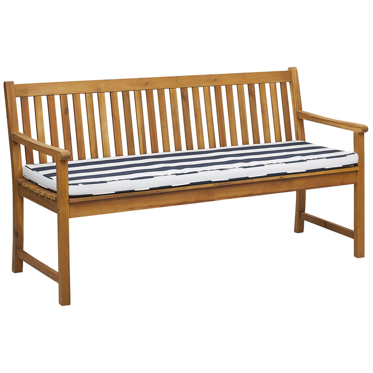 GARTENBANK zertifiziertes Holz hellbraun Auflage blau gestreift 160 cm Vivara - Hellbraun/Blau, Holz (160/88/61cm) - Beliani