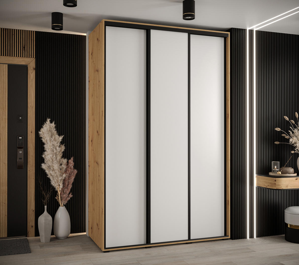 SCHWEBETÜRENSCHRANK 235,2/150/45 3-türig - Schwarz/Eiche Artisan, Holz/Metall (150/235/45cm) - Abiks Möbel