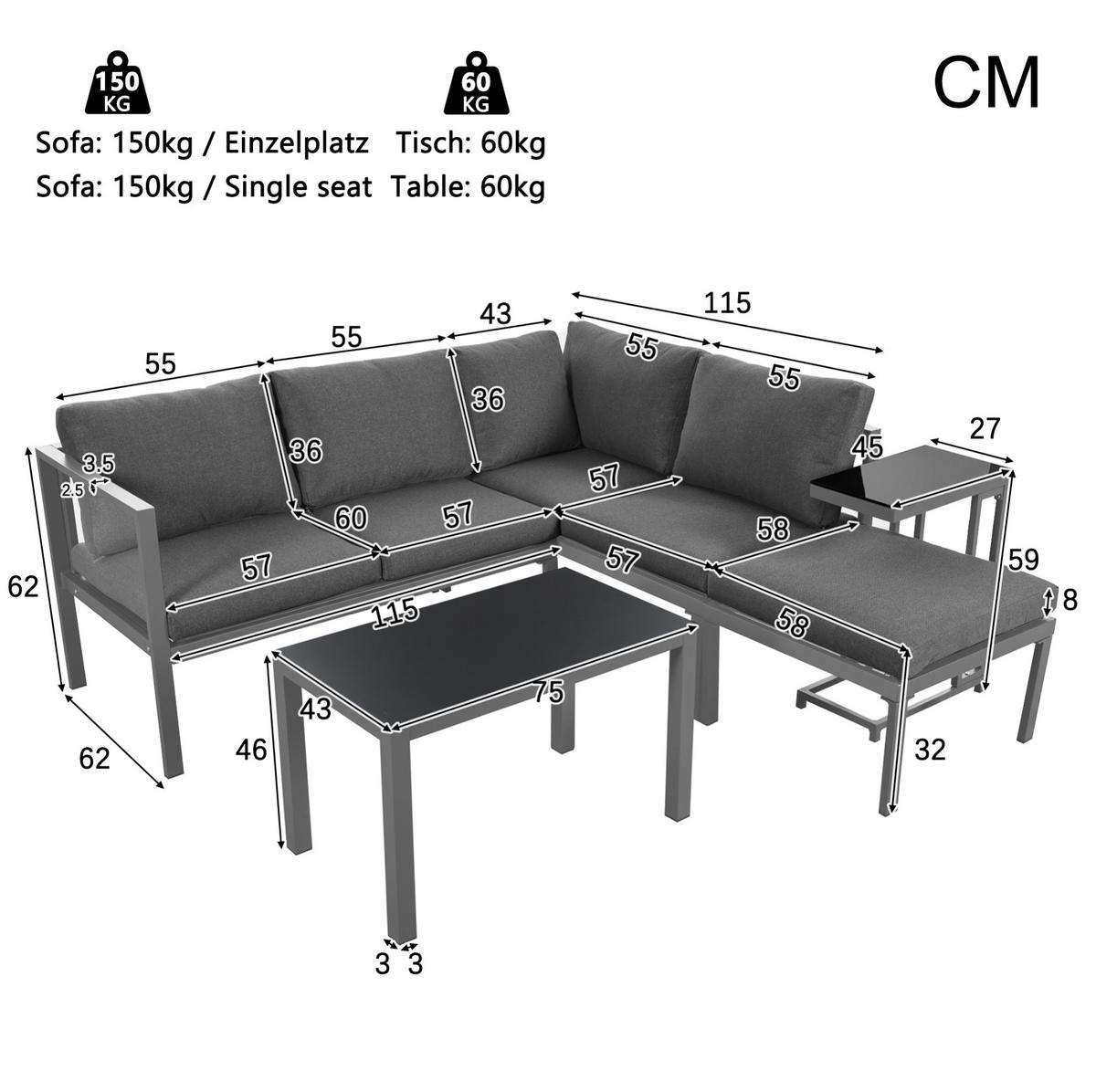GARTENLOUNGE-SET 115/60/62 cm mit 2 Zweisitzern, Sessel, Tisch und Beistelltisch aus verzinktem Eisen, Grau - Grau, Metall - Redom