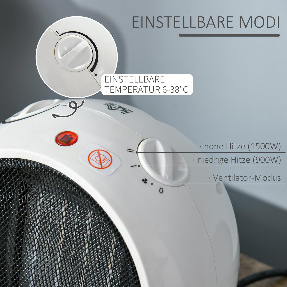 HEIZLÜFTER Heizgerät Elektroheizer Heizer Heizung Wärme 900W/1500W Weiß+Schwarz - Weiß, Kunststoff (18.5/21/22cm) - HOMCOM