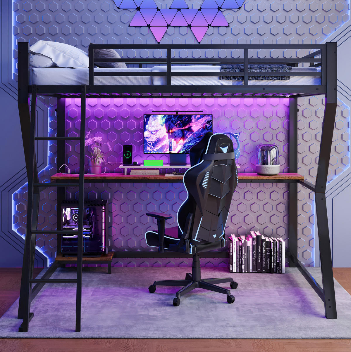 HOCHBETT 90/200 cm Schwarz aus Metall/MDF mit Schreibtisch - Schwarz, Metall (90/200cm) - OKMYHOME