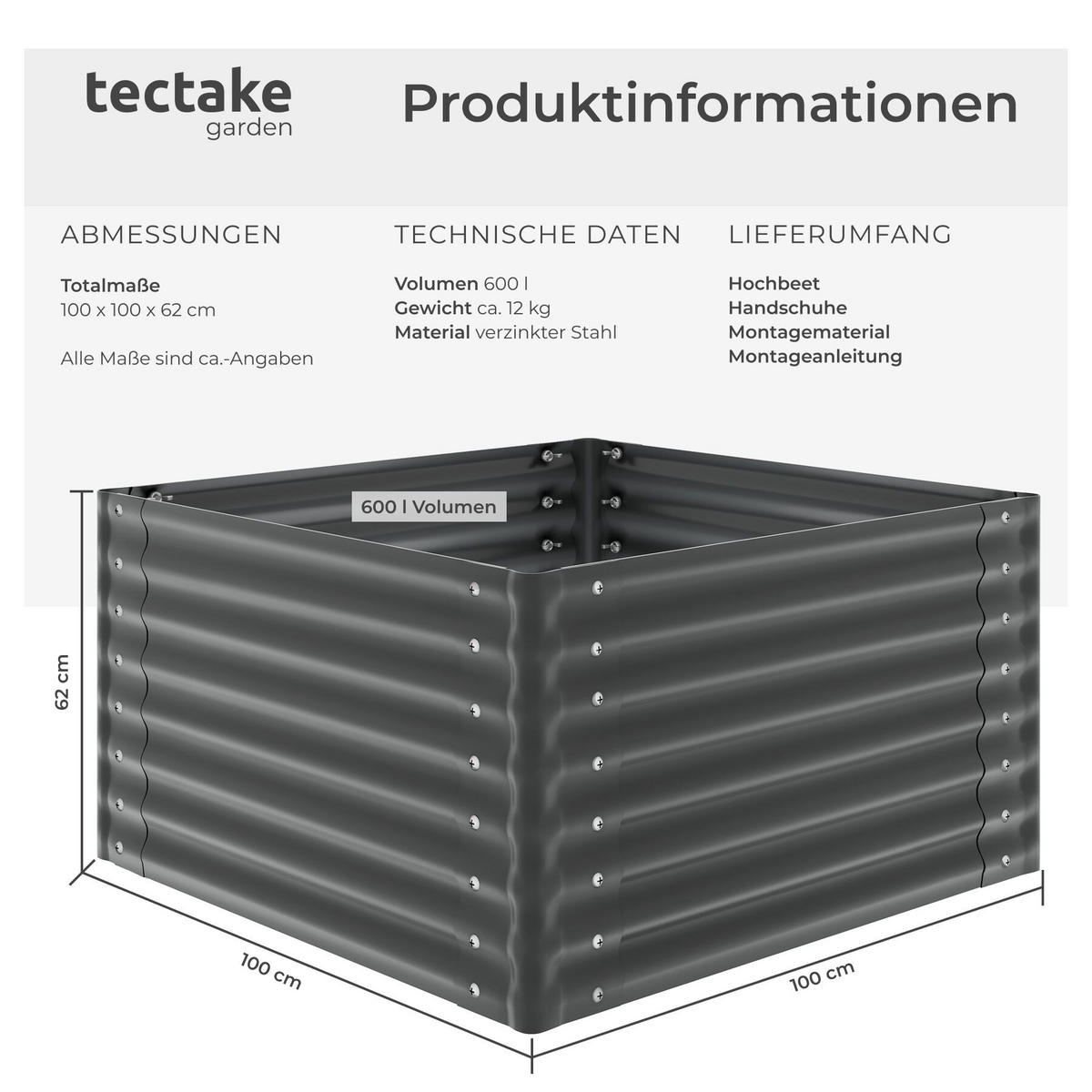 HOCHBEET Blomma, mit offenem Boden und abgerundeten Kanten, anthrazit - Anthrazit, Metall (100/62/100cm) - tectake