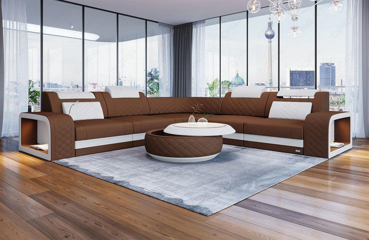 ECKSOFA Sofa Foggia Hellbraun Weiß Mikrofaserstoff - Hellbraun, Kunststoff (294/294cm)