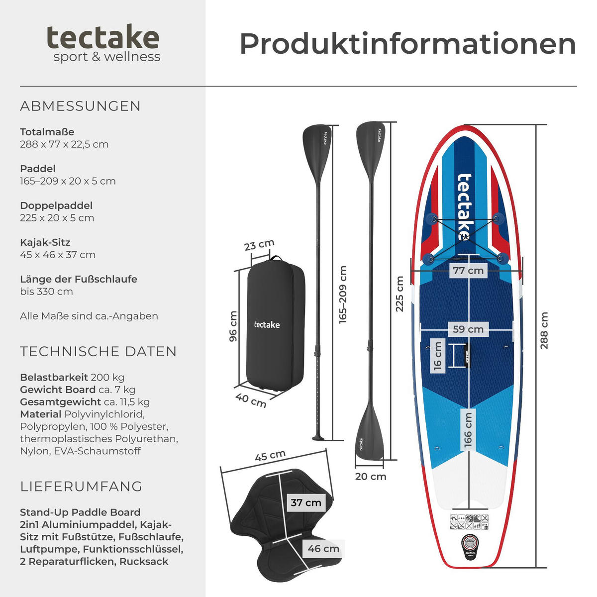 STAND-UP PADDLE BOARD , 288 x 77 x 22,5 cm, rot/blau - Rot, Kunststoff (288/77/0.23cm) - tectake