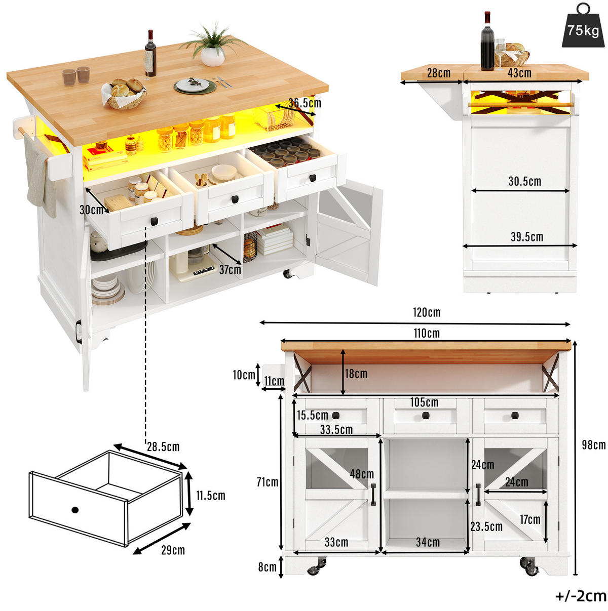 KÜCHENINSEL 120/43/98 cm aus MDF mit klappbarer Arbeitsplatte und App-LED Weiß - Weiß, Holzwerkstoff (120/98/43cm) - Modenvie