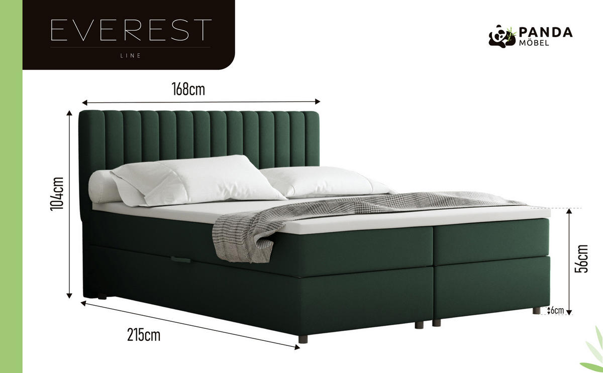 BOXBETT Everest grön 160 x 200 cm Doppelbett mit hochwertiger Bonell-Matratze und Topper - Grün, Holz (160/200cm) - Panda Möbel