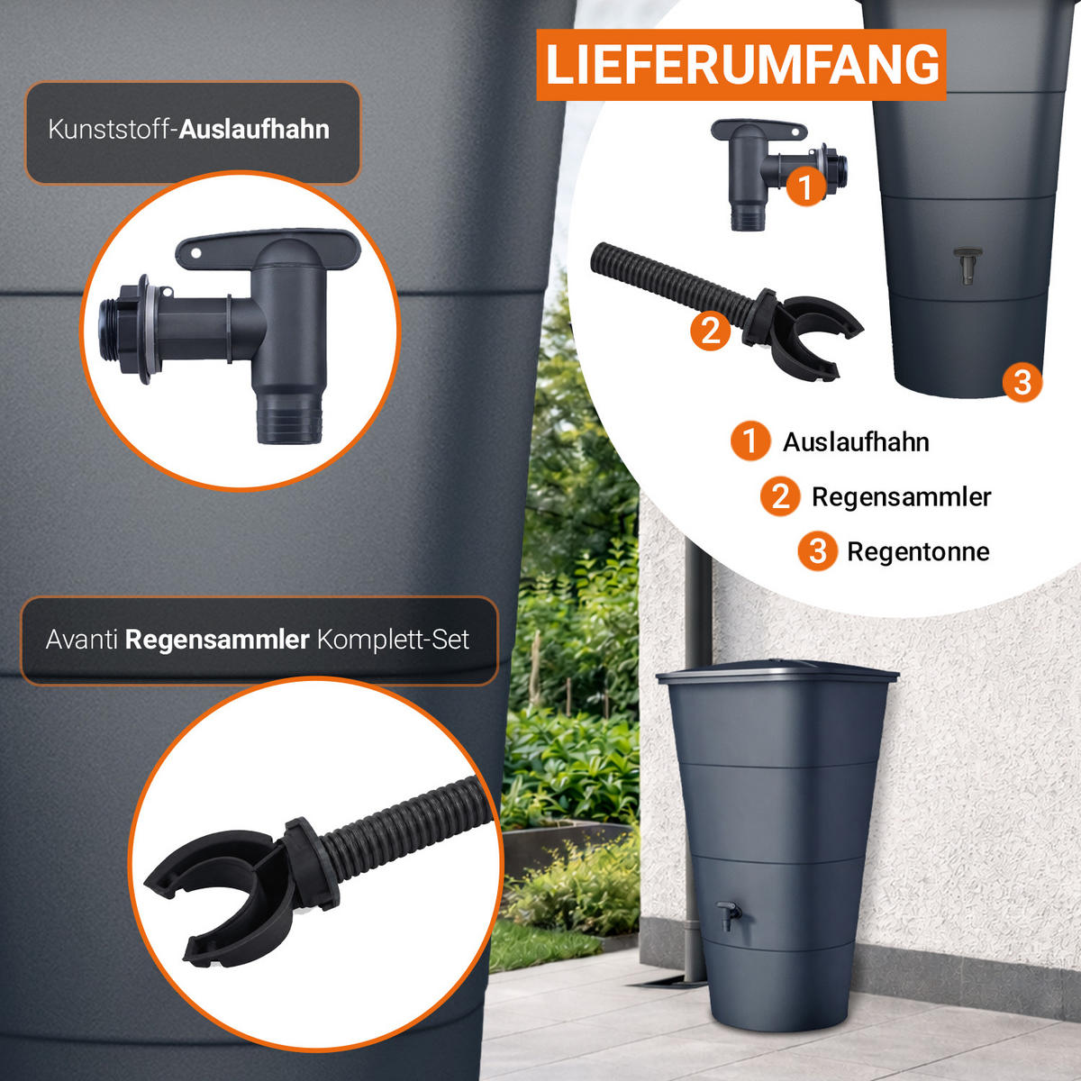 REGENTONNE Komplett-Set eckig 200 L, graphite grey inkl. Hahn und Fallrohranschluss - Grau, Kunststoff (59.7/107/59.7cm) - GARANTIA