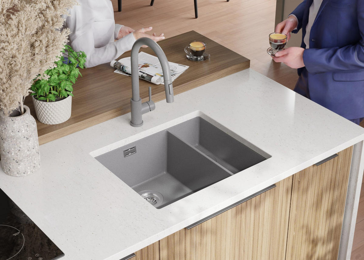 UNTERBAUSPÜLE GRANIT London Duo, 2-er set Grau 56/47 cm 1,5 Becken + Küchenarmatur 38/14 cm + Ablauf-Set ab 60er Unterschrank - Grau, Kunststoff (56/20/47cm) - Primagran