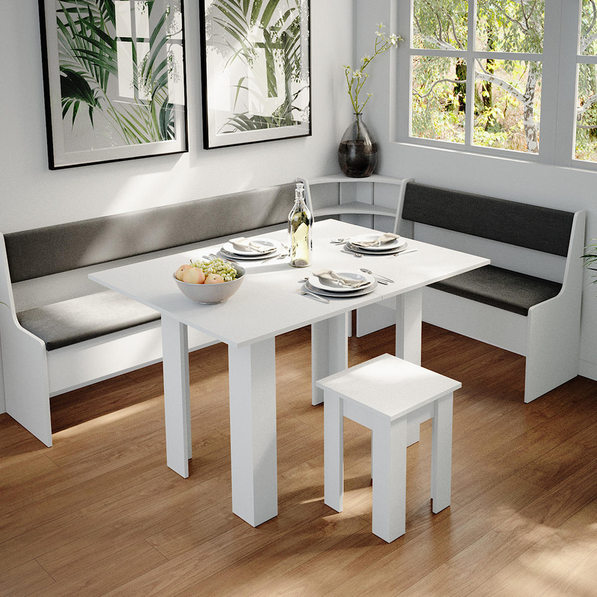 ECKBANKGRUPPE Roman Weiß 210 x 41.5 cm mit Tisch - Anthrazit/Weiß, Holzwerkstoff (210/80/150cm) - Vicco