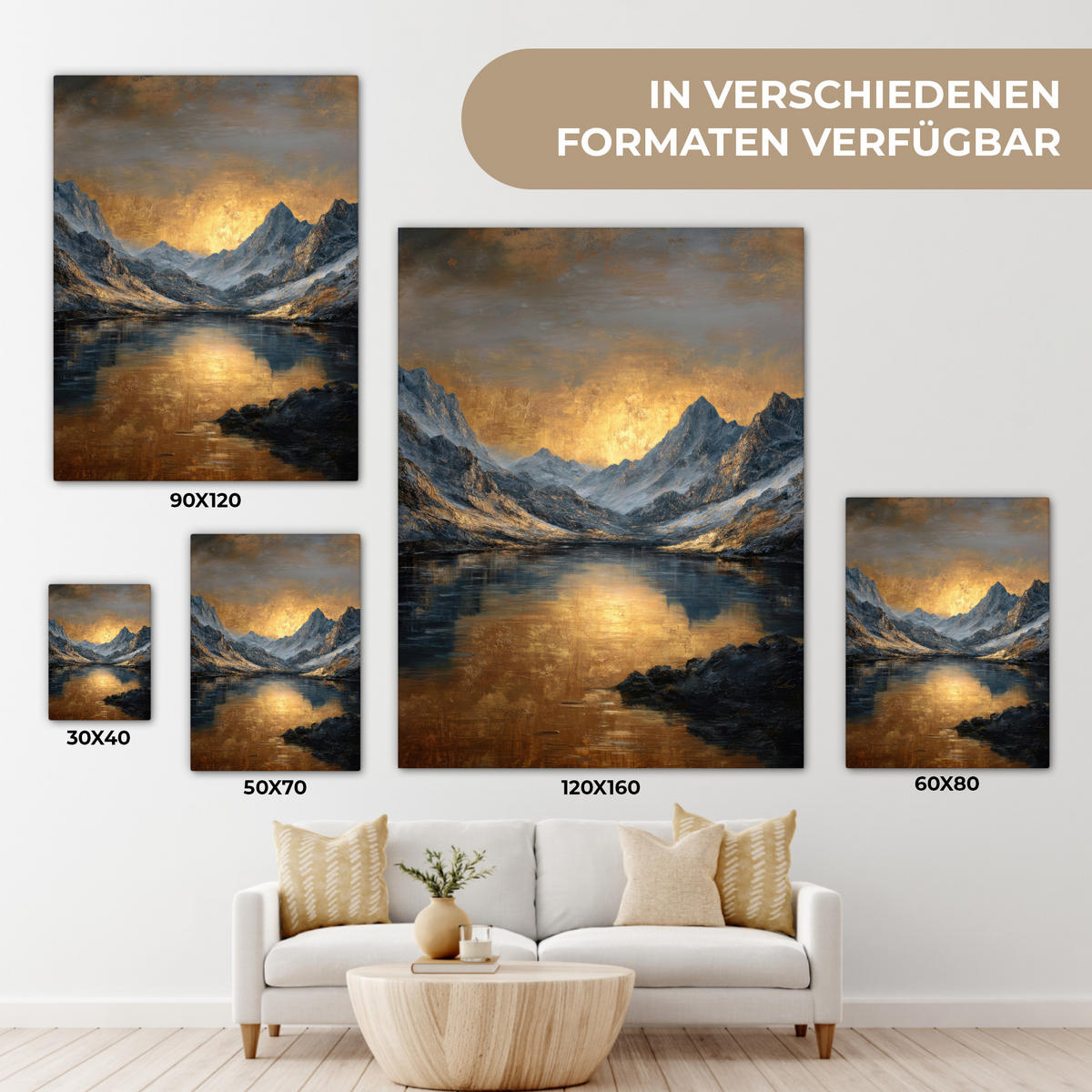 LEINWANDBILD Bergkulisse mit goldenem Sonnenuntergang Room Decor 30x40 cm - Goldfarben, Textil (30/40cm) - MuchoWow