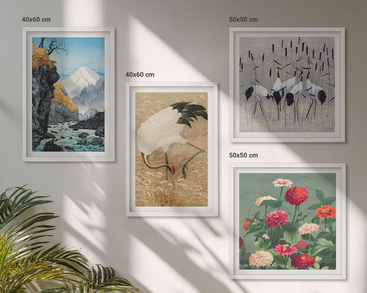 WANDBILDER 4er-Set - 50x50 cm & 40x60 cm Weißer Rahmen - Berge, Fluss, Blumen, Kraniche - Weiß, Kunststoff (50/50cm) - ArtPrintCave