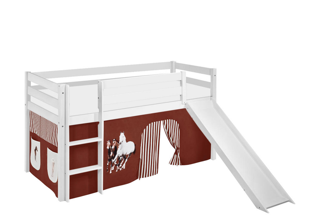 SPIELBETT JELLE Pferde Braun Beige - Hochbett - mit Rutsche und Vorhang - Weiß, Holz - Lilokids