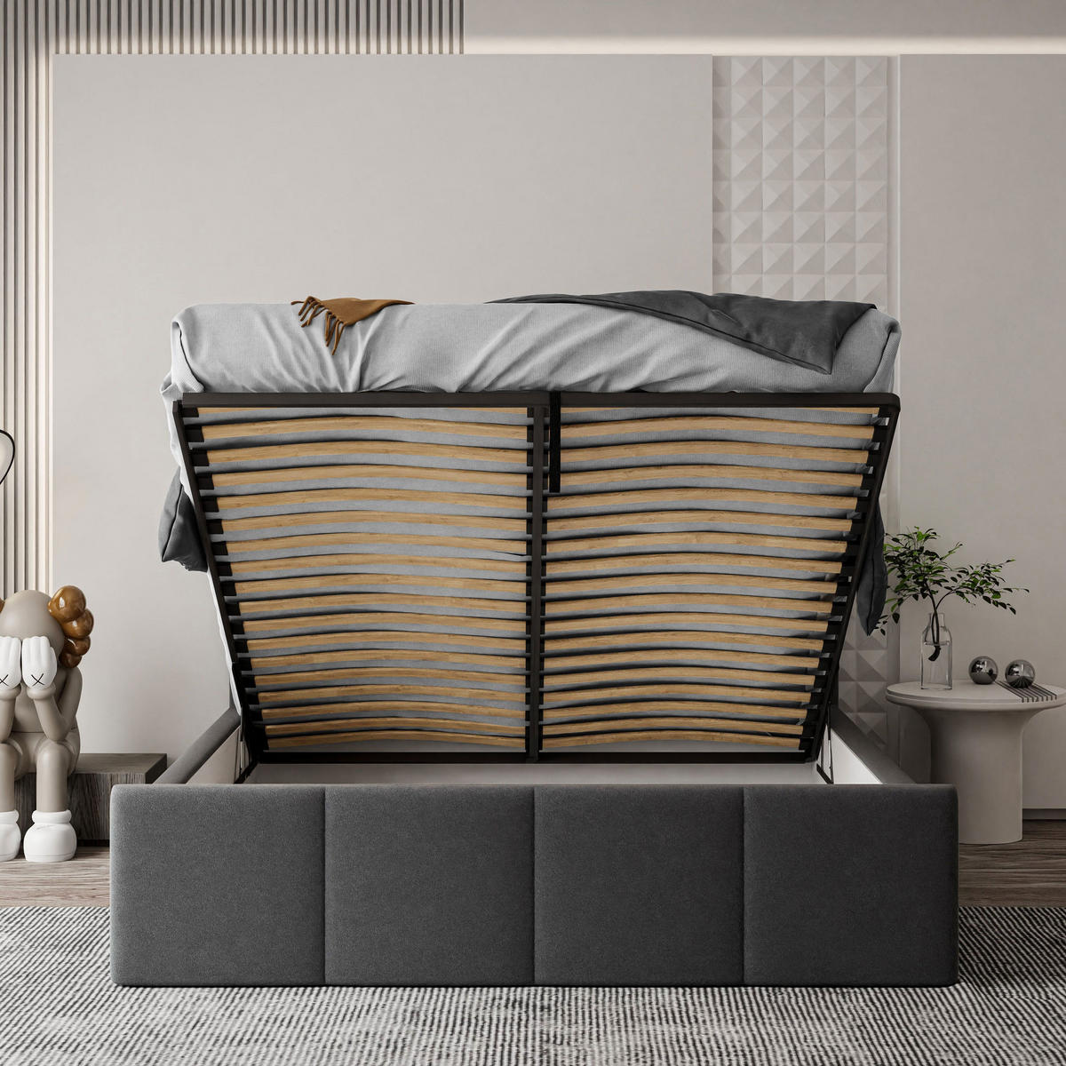 POLSTERBETT AVA 160x200 cm Jasmine 96, 34 Holzlatten, Kopfteil 91 cm - Grau, Textil (160/200cm) - Lookway