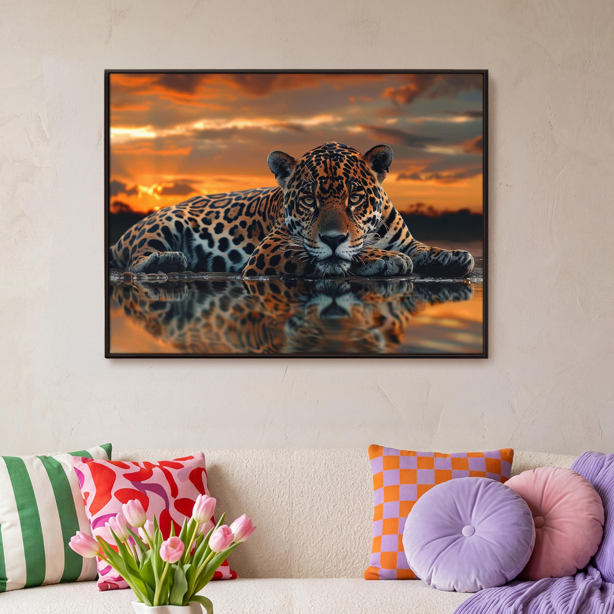 LEINWAND Bilder mit Rahmen - Natur - Leopard - Tier - Sonnenuntergang - Modern - 100x70 - Orange, Textil (100/70cm) - MuchoWow