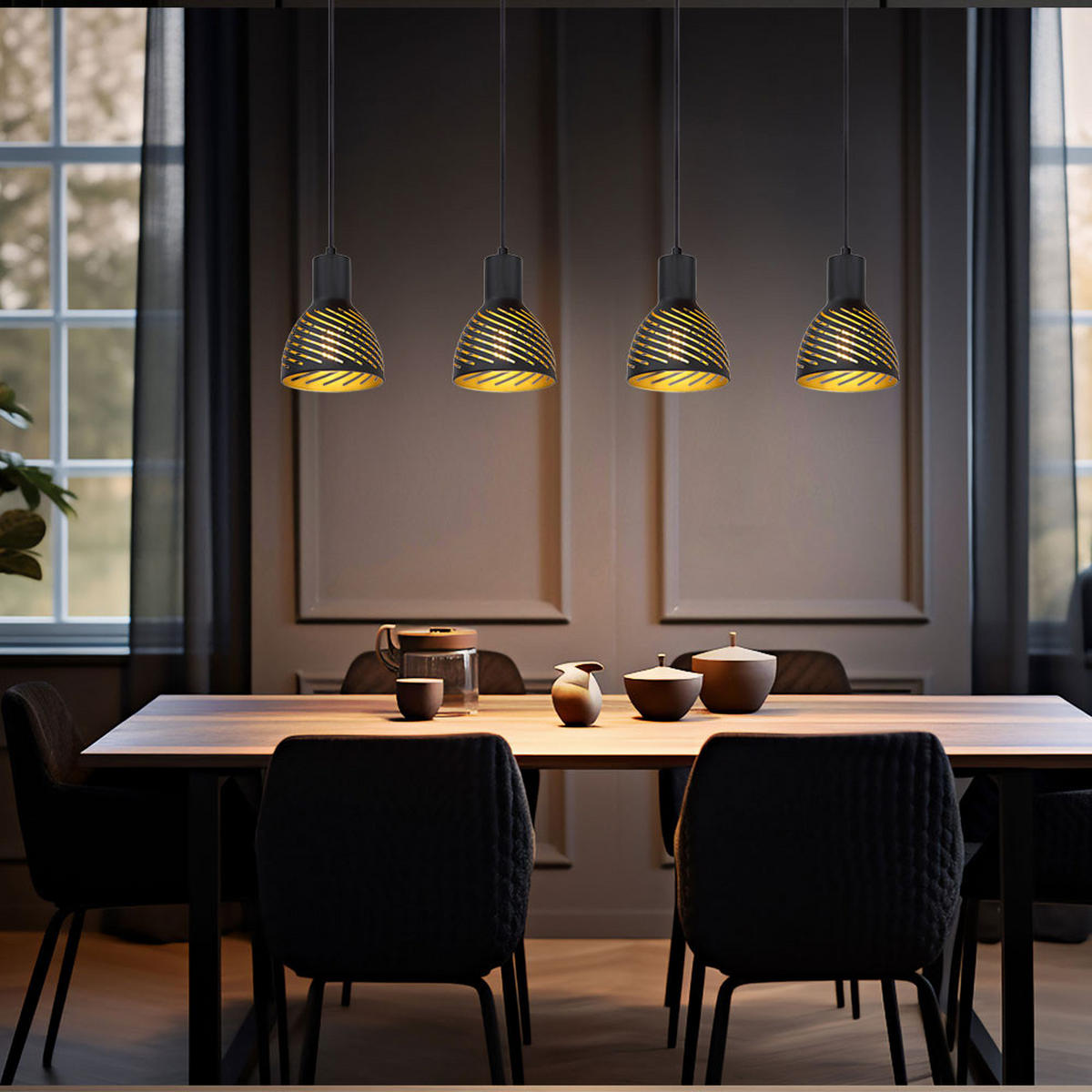 LED HÄNGELEUCHTE Metall Schwarz Gold Holzoptik - Schwarz, Metall (90/12.5/120cm) - Globo Lighting