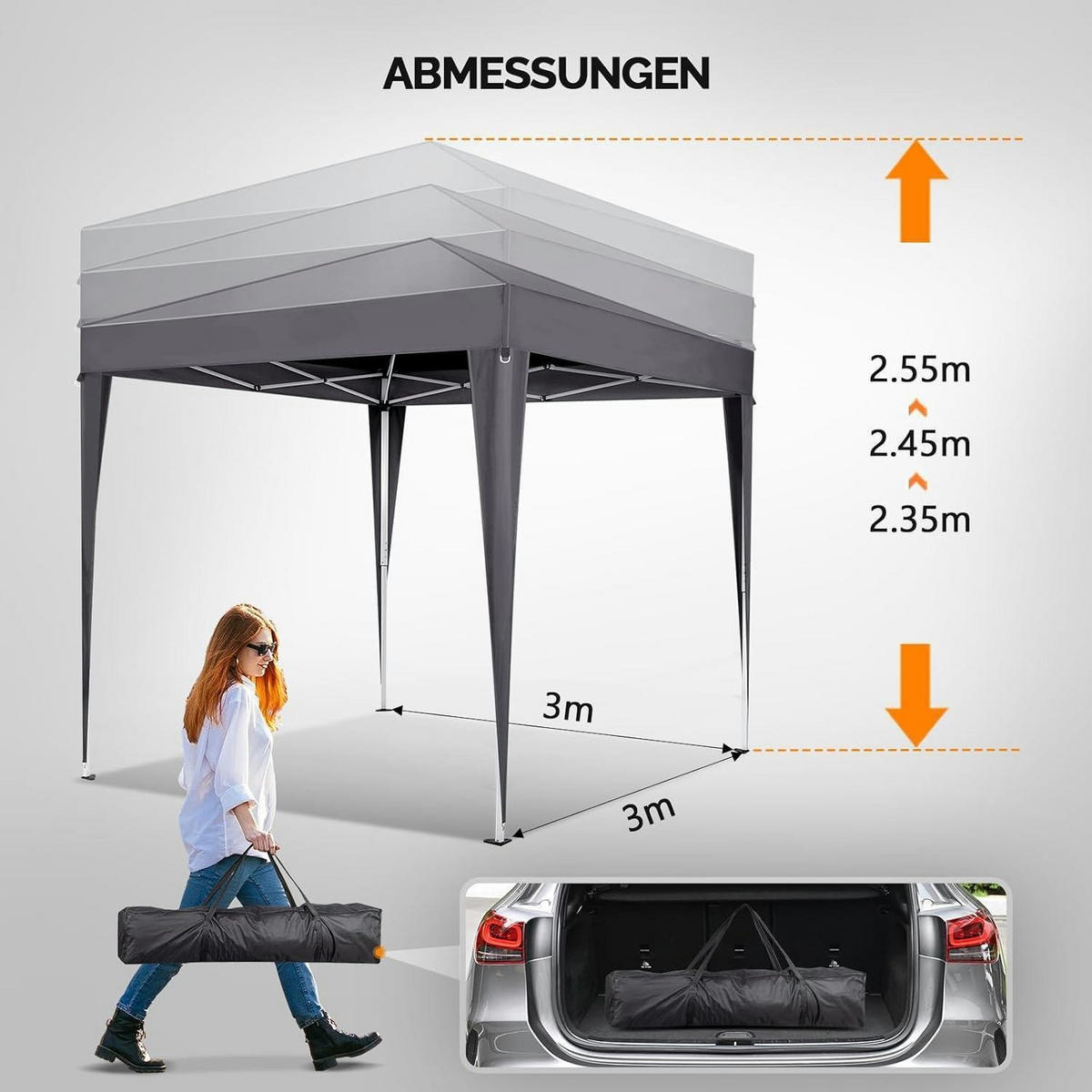 FALTPAVILLON 3x3m mit 4 Seitenteilen, höhenverstellbar in anthrazit - Anthrazit, Metall (300/260/300cm)