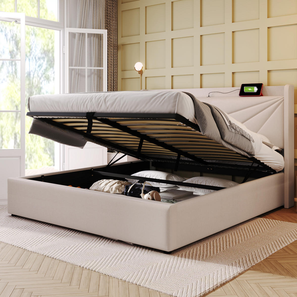 POLSTERBETT 180/200 cm Beige mit Stauraum Bettkasten und USB Typ-C Ladefunktion - Beige, Textil (180/200cm) - OKWISH