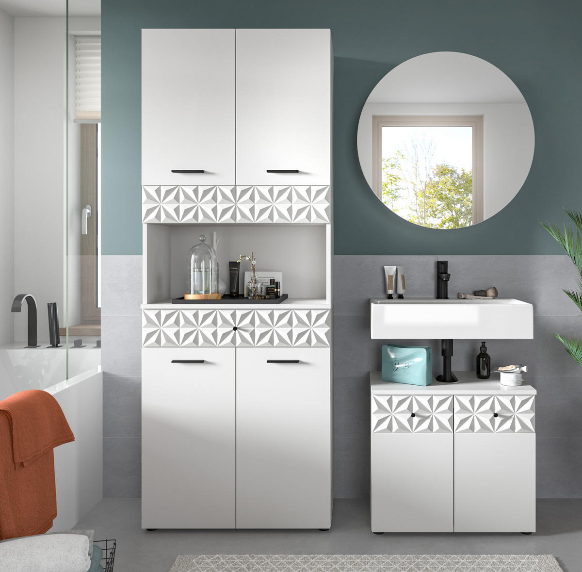 HOCHSCHRANK weiß Hochglanz 70 cm, Badschrank mit 3D-Struktur - Weiß Hochglanz/Schwarz, Holzwerkstoff/Kunststoff (70/187/34cm) - Inn.Furn