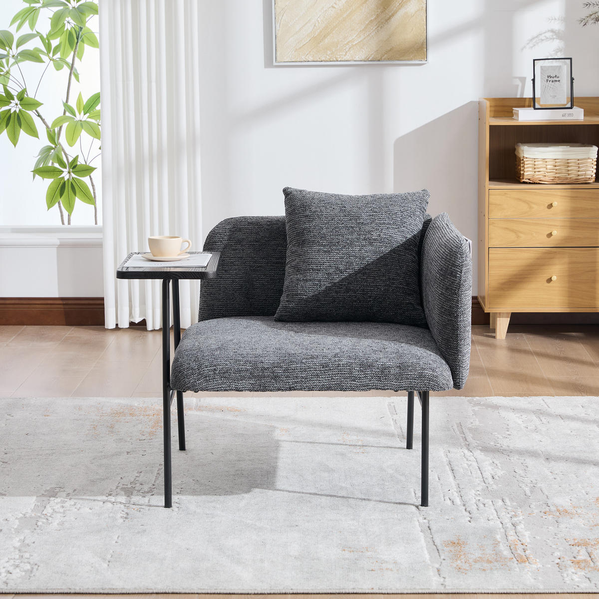 SESSEL Chenille Dunkelgrau mit Beistelltisch und Seitentaschen - Dunkelgrau, Textil/Metall (86/71/72cm) - WISHDOR