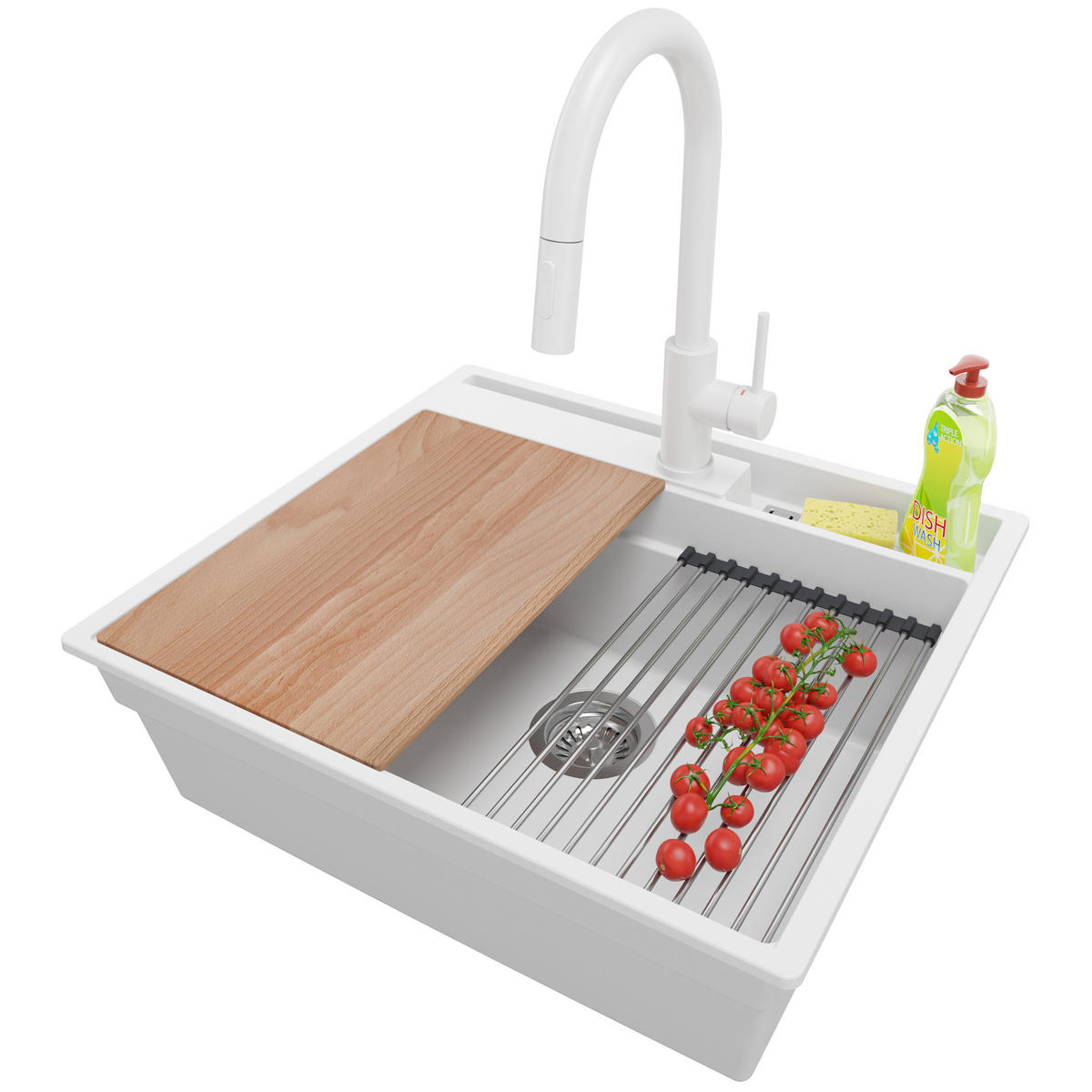 GRANITSPÜLE Oslo Pocket, 2-er set Weiß 58/53 cm 1 Becken + Küchenarmatur 40/20 cm + Ablauf-Set + Küchenzubehörset ab 60er Unterschrank - Chromfarben/Beige, Kunststoff (58/20/53cm) - Primagran