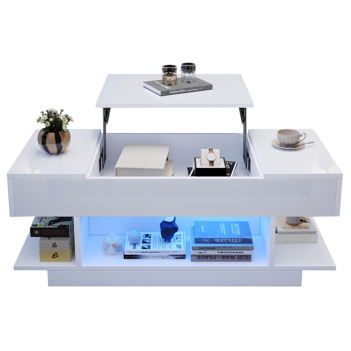 COUCHTISCH 98/45/40 cm mit LED-Beleuchtung, höhenverstellbar und Stauraum - Weiß, Holzwerkstoff (98/45/40cm) - Flora Grace