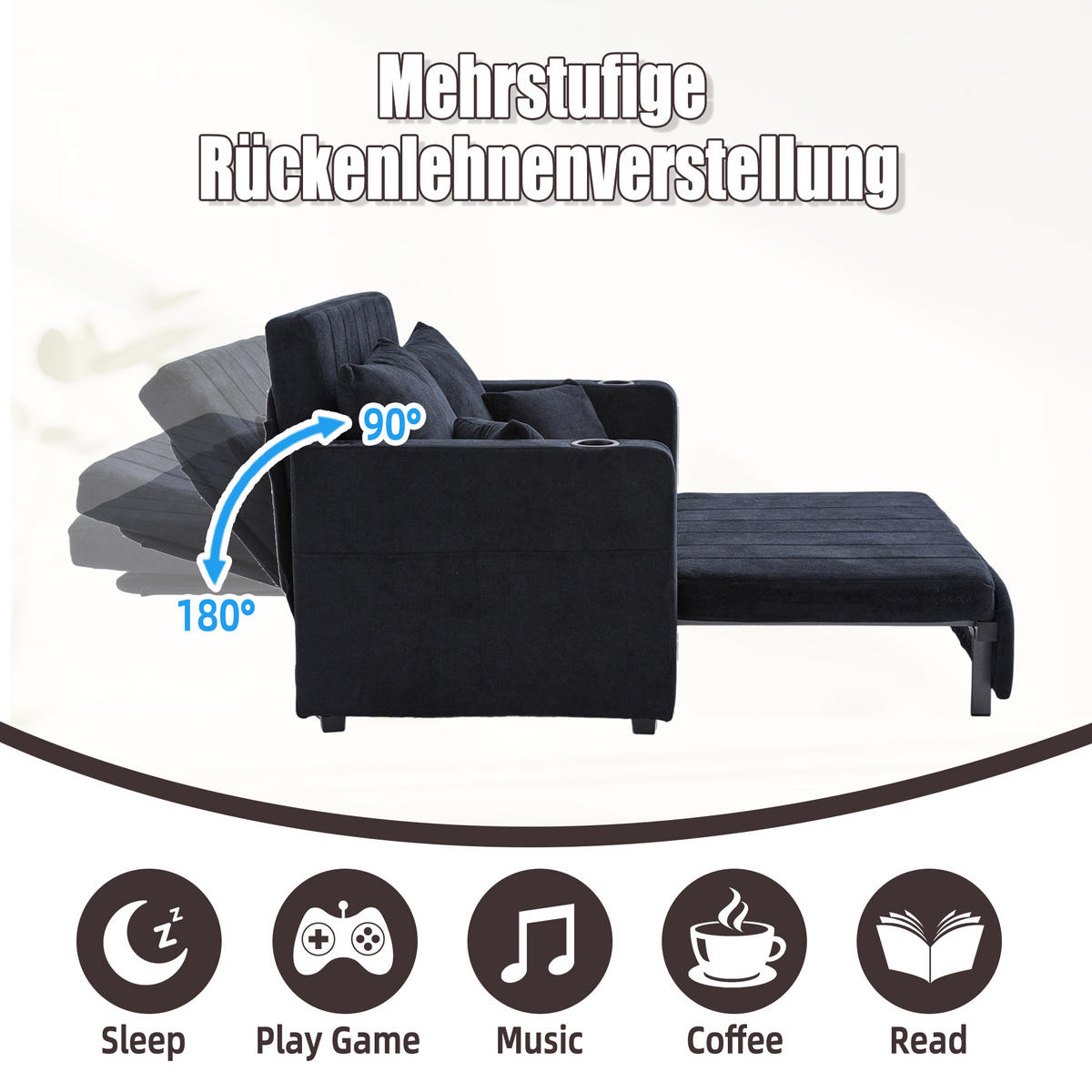 SCHLAFSOFA klappbar mit USB und Getränkehaltern, Schwarz - Schwarz, Textil (139/83/73cm)