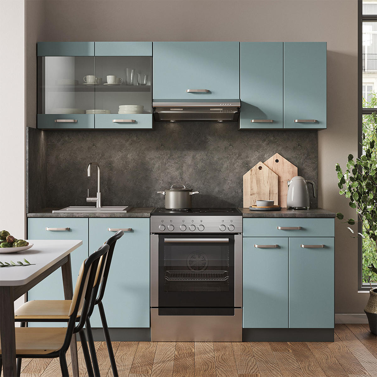 KÜCHENZEILE R-Line Blau-Grau/Anthrazit 200 cm, AP Anthrazit - Anthrazit/Blaugrau, Holzwerkstoff (200/81.6/60cm) - Vicco