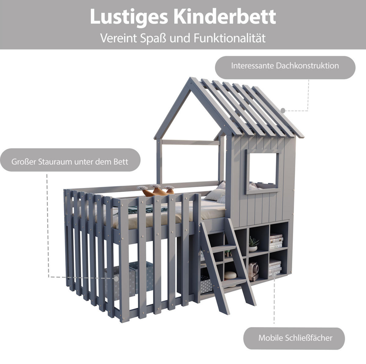 KINDERBETT 90/200 cm aus Massivholz mit Dach und Fenster, Grau - Grau, Holz (90/200cm) - OKMYHOME