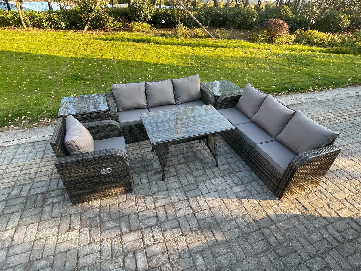GARTENSET Hohe Rückenlehne Polyrattan 7-Sitzer - Dunkelgrau/Grau, Glas/Kunststoff - Fimous