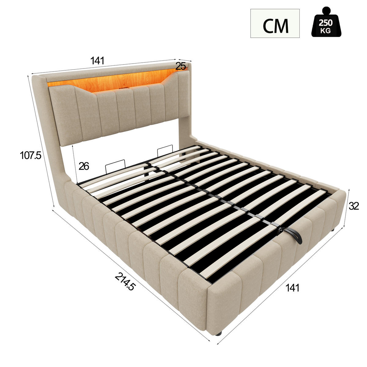 BOXBETT 140/200 mit Bettkasten, LED/USB-C, Lattenrost, Leinen, Beige - Beige, Holz/Textil (140/200cm) - LVHOM
