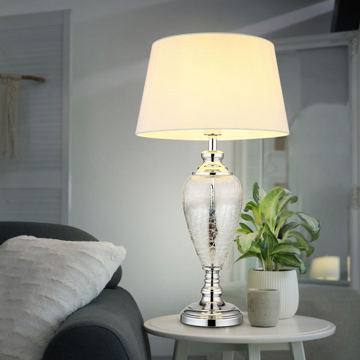 LED TISCHLEUCHTE Altmessing Chrom - Weiß, Glas (38/38/66cm) - Globo Lighting