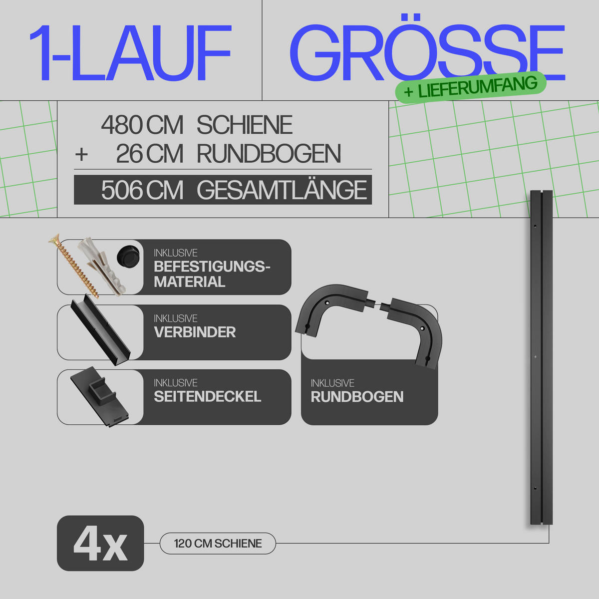GARDINENSCHIENE inkl. Rundbögen 480cm (4x120cm) 1-läufig - Schwarz, Kunststoff (6/1.8/480cm)