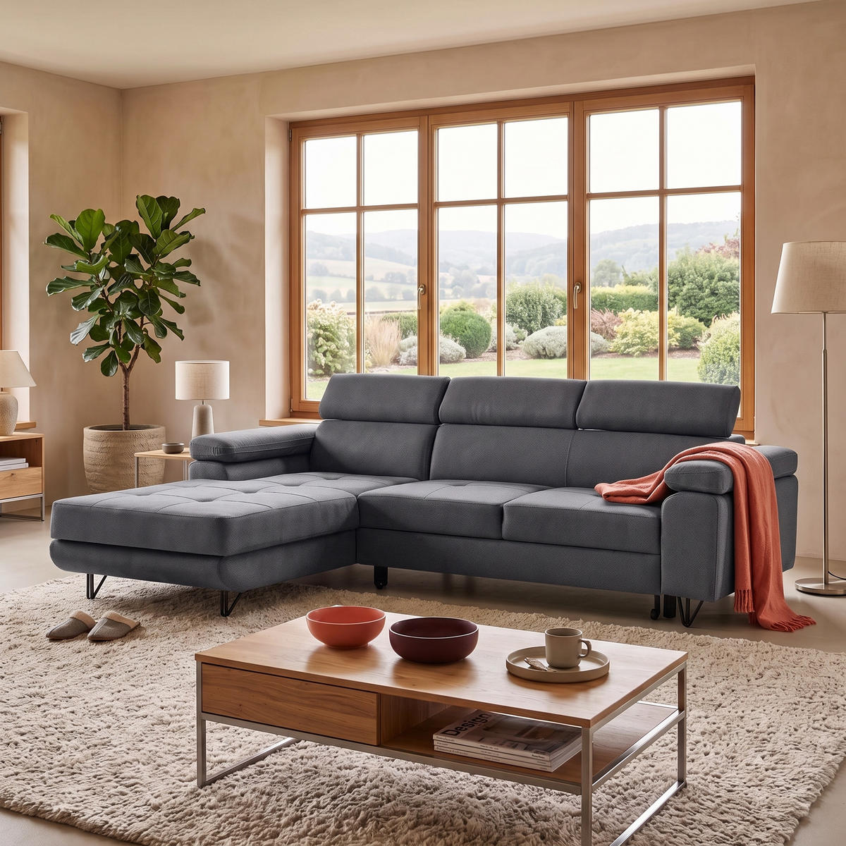 ECKSOFA NORIS L Links mit Schlaffunktion 128x203 Velours Dunkelgrau - Dunkelgrau/Schwarz, Holz/Textil (250/183cm) - Muffo