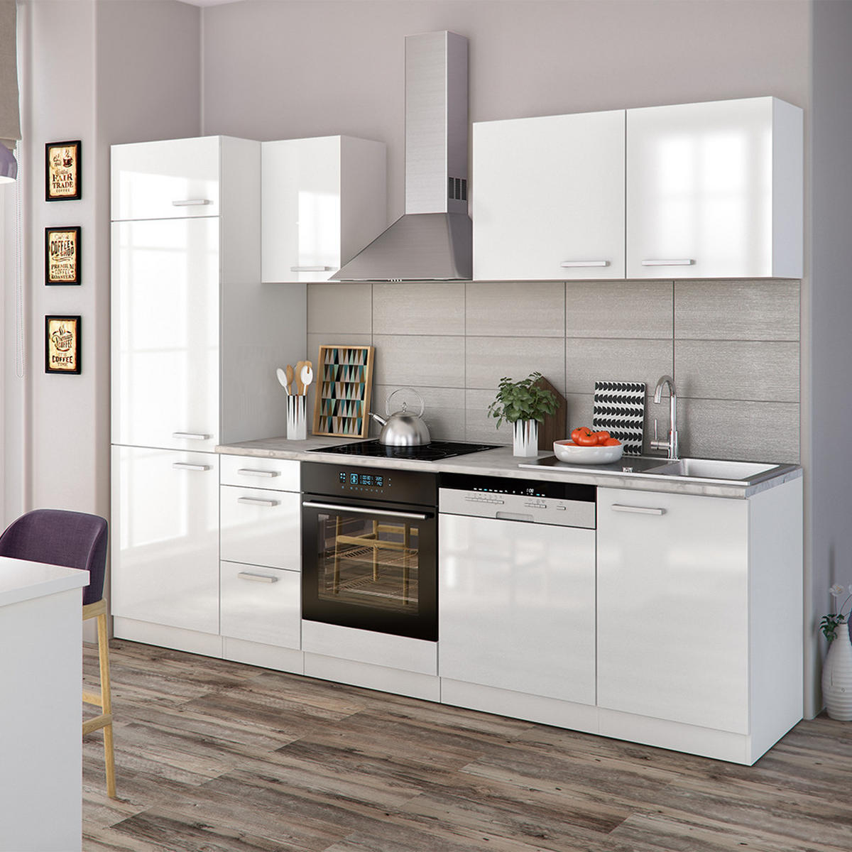 KÜCHENZEILE Optima Weiß 270 cm ohne AP mit LED-Leisten - Weiß Hochglanz/Weiß, Holzwerkstoff (270/81.6/46cm) - Vicco