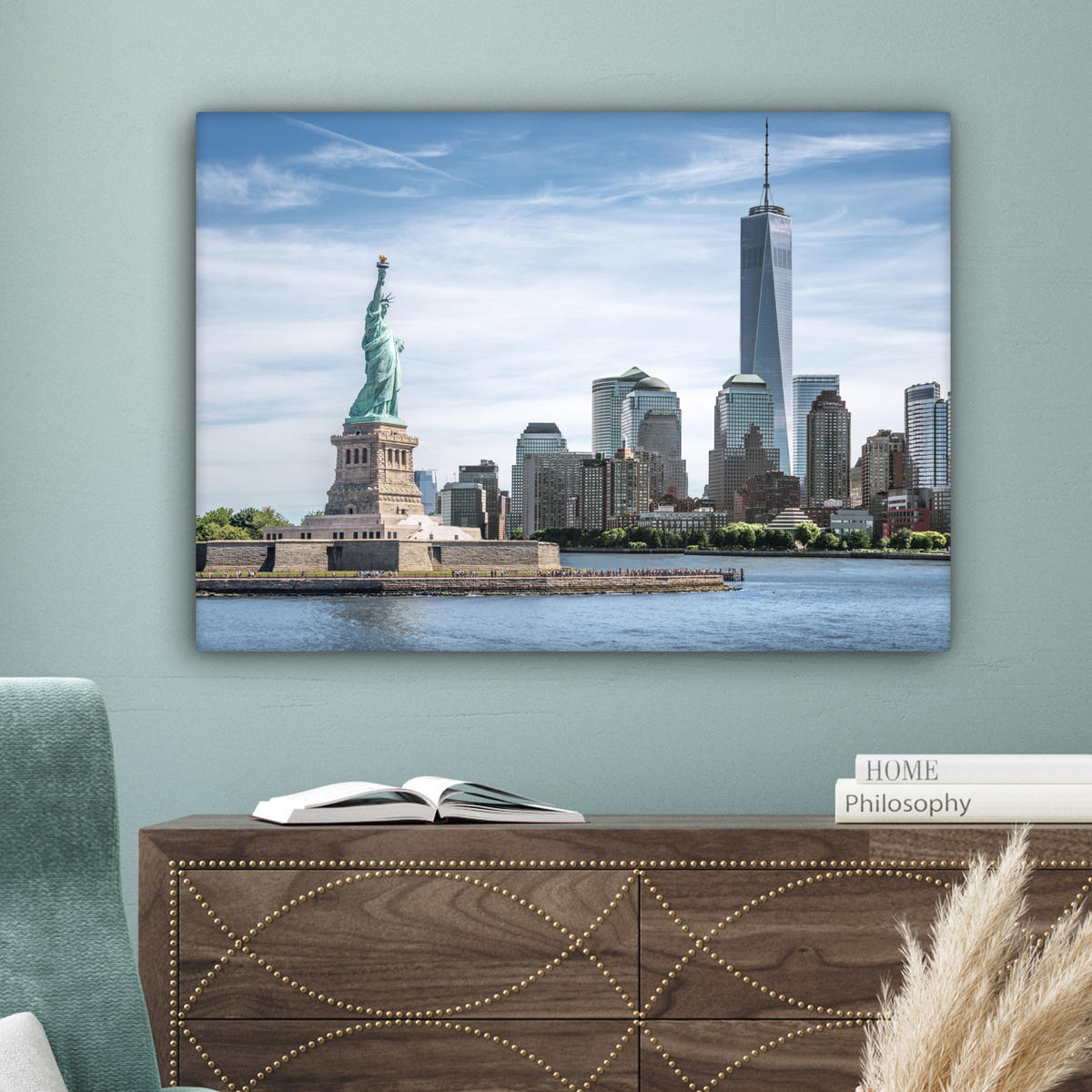 LEINWANDBILD New York - Freiheitsstatue - Wasser Wandbilder 80x60 cm - Hellblau, Textil (80/60cm) - MuchoWow