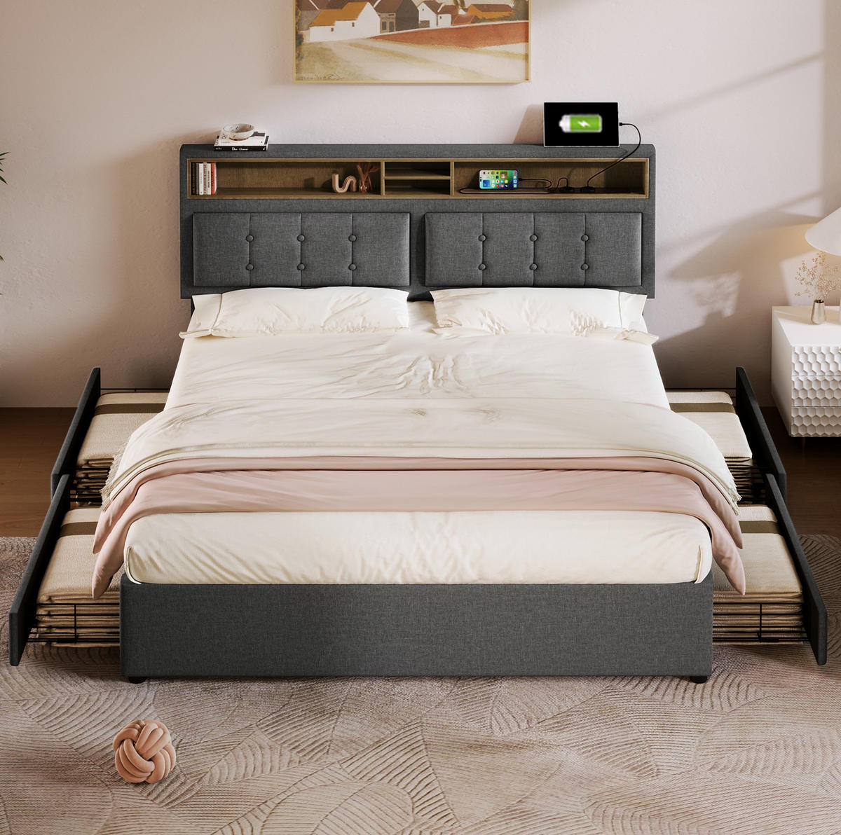 ČALÚNENÁ posteľ z ľanu 140x200 cm sivá s nastaviteľným čelom, USB-C a úložným priestorom - sivá, textil (140/200cm) - Modfu