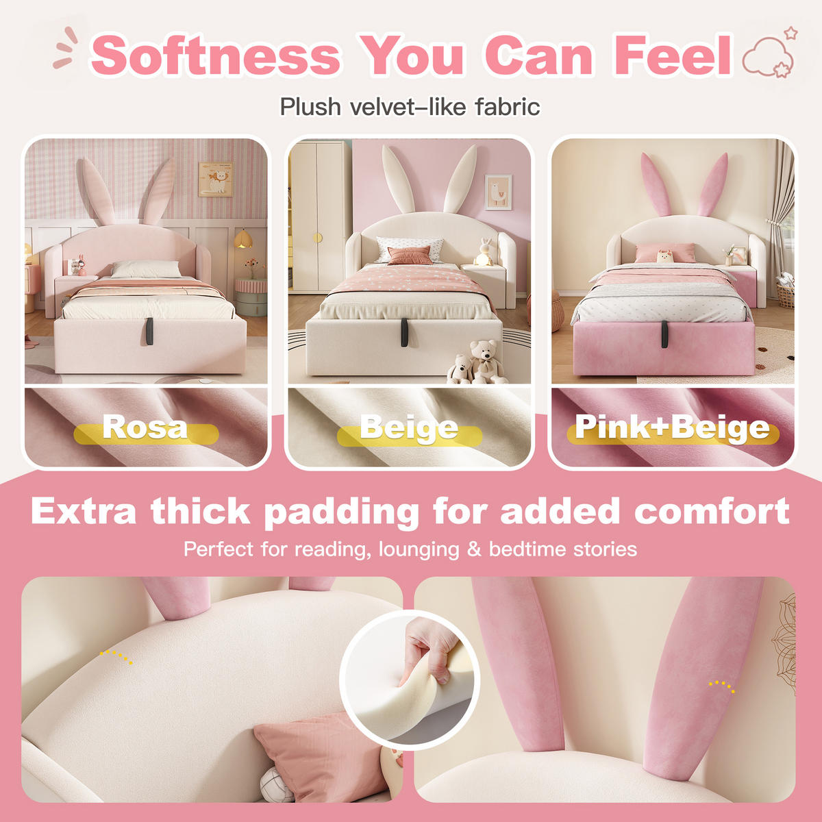 KINDERBETT 90/200 cm DE-32483 mit Stauraum und Nachttisch Beige/Rosa - Beige/Rosa, Metall (90/200cm) - ComfortXL