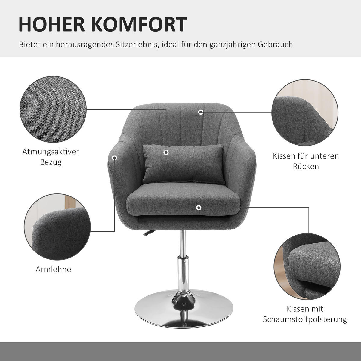 DREHBARER Akzentstuhl Dunkelgrau 60.0/60.0/91.0 cm - Dunkelgrau, Textil (60/91/60cm)