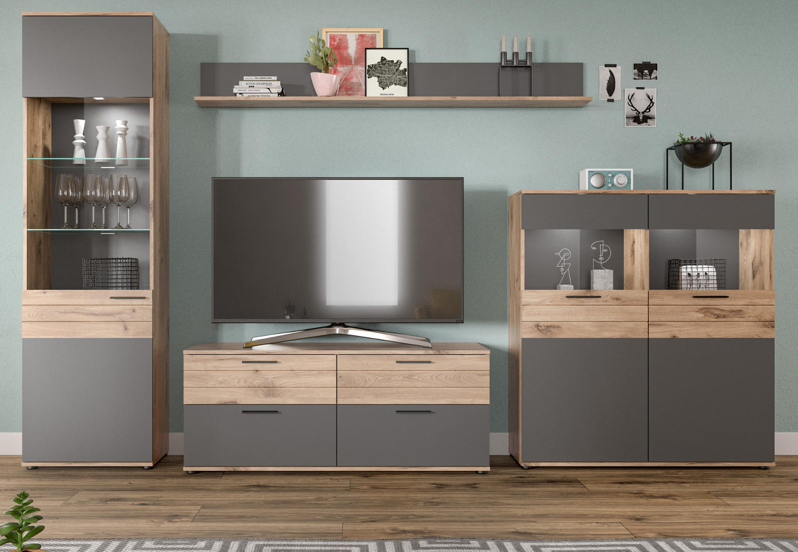 WOHNWAND Eiche, grau 4-teilig 327 cm, Schrankwand mit Soft-Close, Wohn- und Esszimmermöbel - Eichefarben/Schwarz, Glas/Holzwerkstoff (327/200/44cm) - Inn.Furn