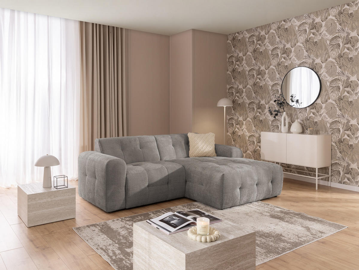 ECKSOFA Kozy im Bumpy-Design mit fester Rückenlehne aus weichem Taupe Chenille-Stoff - Ottomane rechts - Taupe/Schwarz, Holz/Kunststoff (234/161cm) - S-Style Möbel