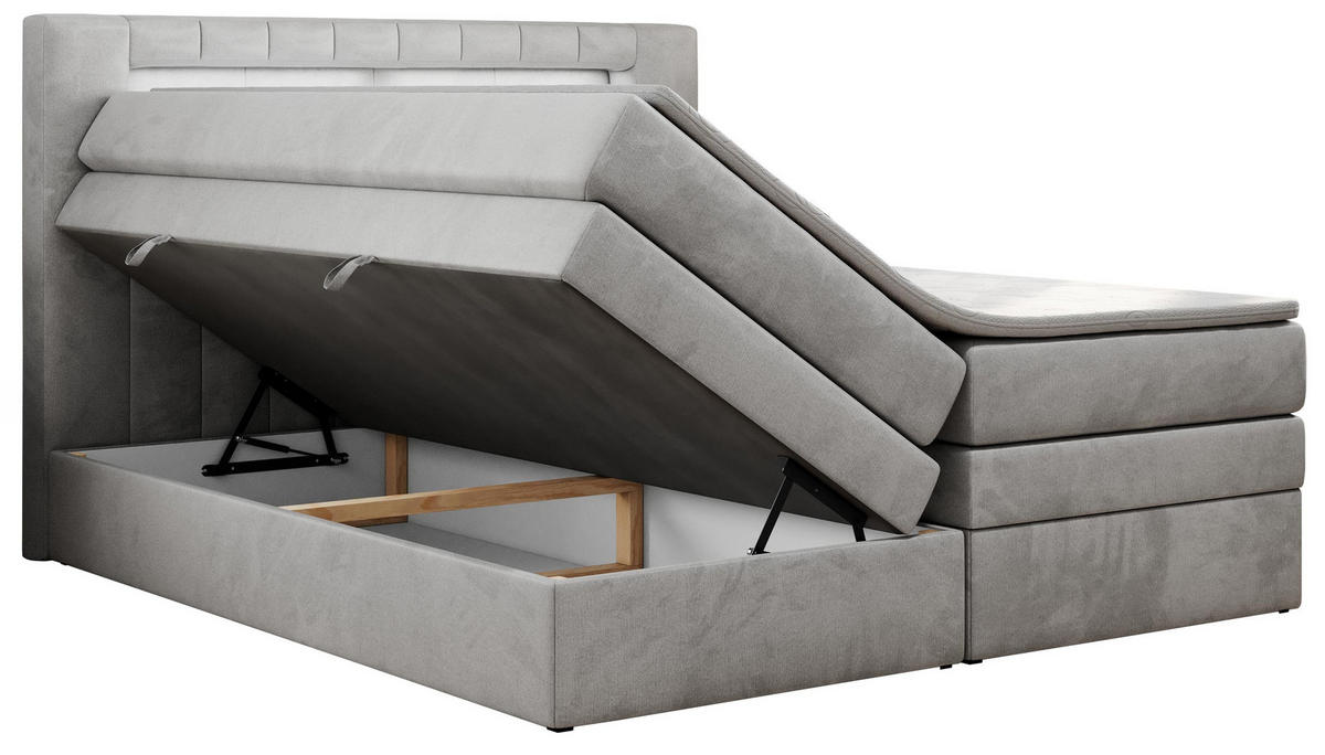 BOXSPRINGBETT GOLD-5 KING LED 120/200 Hellgrau Velvet - H4 - Hellgrau, Holz/Textil (120/200cm) - MKS