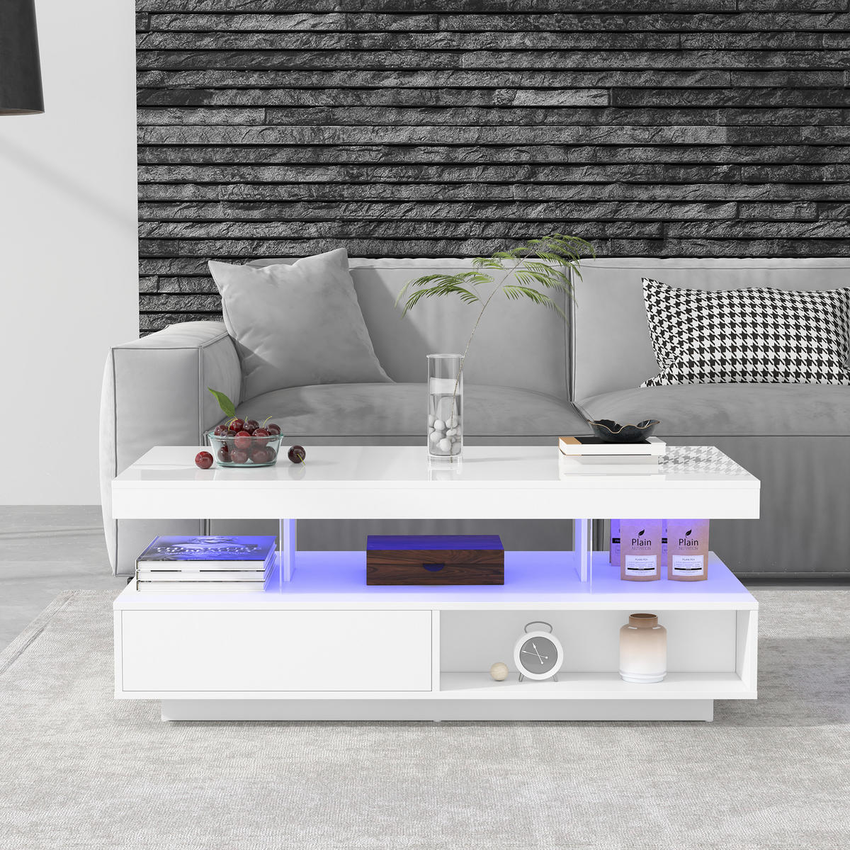 COUCHTISCH Kommode mit Glasdetails, LED, 2 Schubladen, 2 Fächer, App-Steuerung MDF Hochglanz - Weiß, Holzwerkstoff (95/50/42.5cm) - EVRYAE