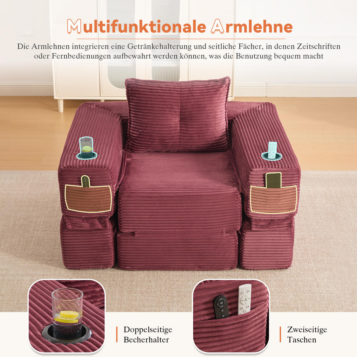 SCHLAFSOFA mit Cordbezug, Federkern, Getränkehalter und Seitentasche - Weinrot, Textil (122/80/98cm) - EVRYAE