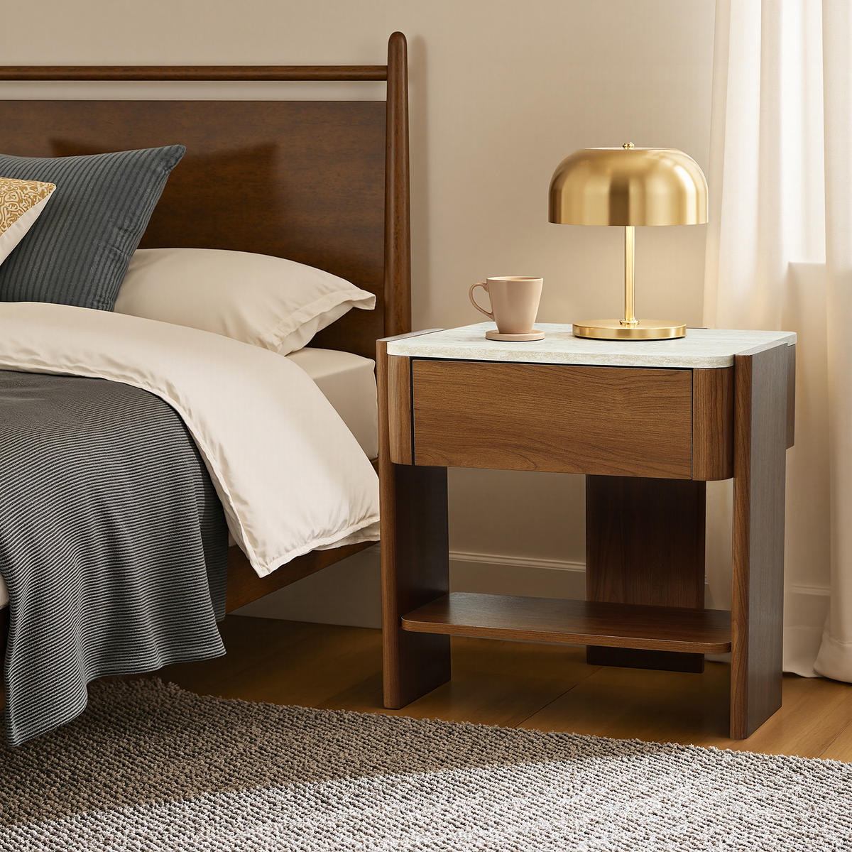 NACHTTISCH Modern mit Marmoroptik, Braun, MDF | B55 x T40 x H53 cm - Braun, Holz (55/53/40cm) - Hometopia