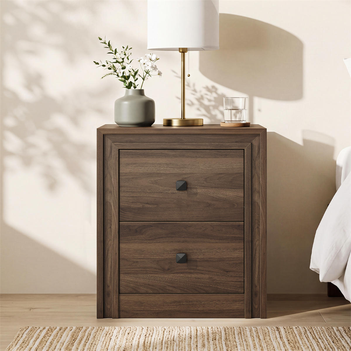 NACHTTISCH 46x39x53,5 cm mit 2 Schubladen und 2 schwarze Griffe - Mid-Century Design - Walnuss-Optik - Walnussfarben, Holzwerkstoff (38/53.5/48cm) - DELFA