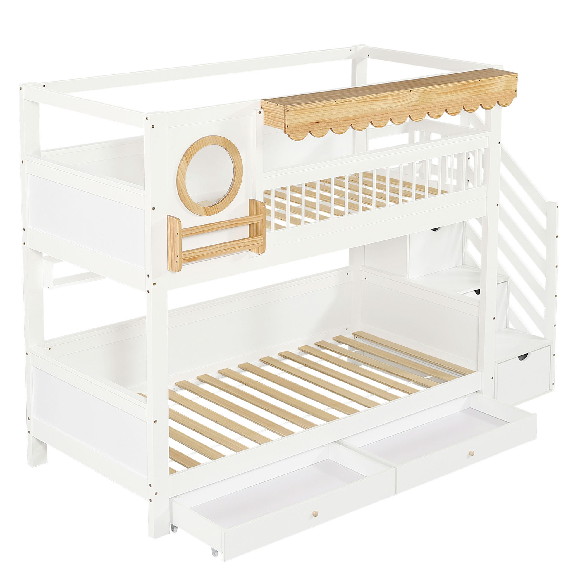 ETAGENBETT 90/200 cm DE-02264, in Weiß, mit Treppenschrank, 2 Schubladen und 2m Regal - Weiß, Holz/Holzwerkstoff (90/200cm) - ComfortXL