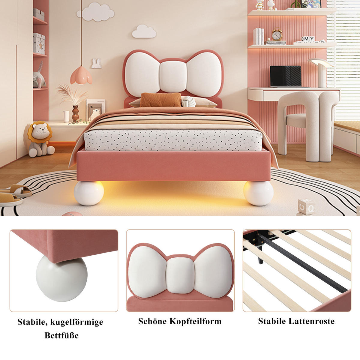 KINDERBETT 90/200 Polsterbett mit LED, Fliege-Kopfteil, Samt, Beige-Rosa - Rosa, Holz/Textil (90/200cm) - PARAFTA HOME