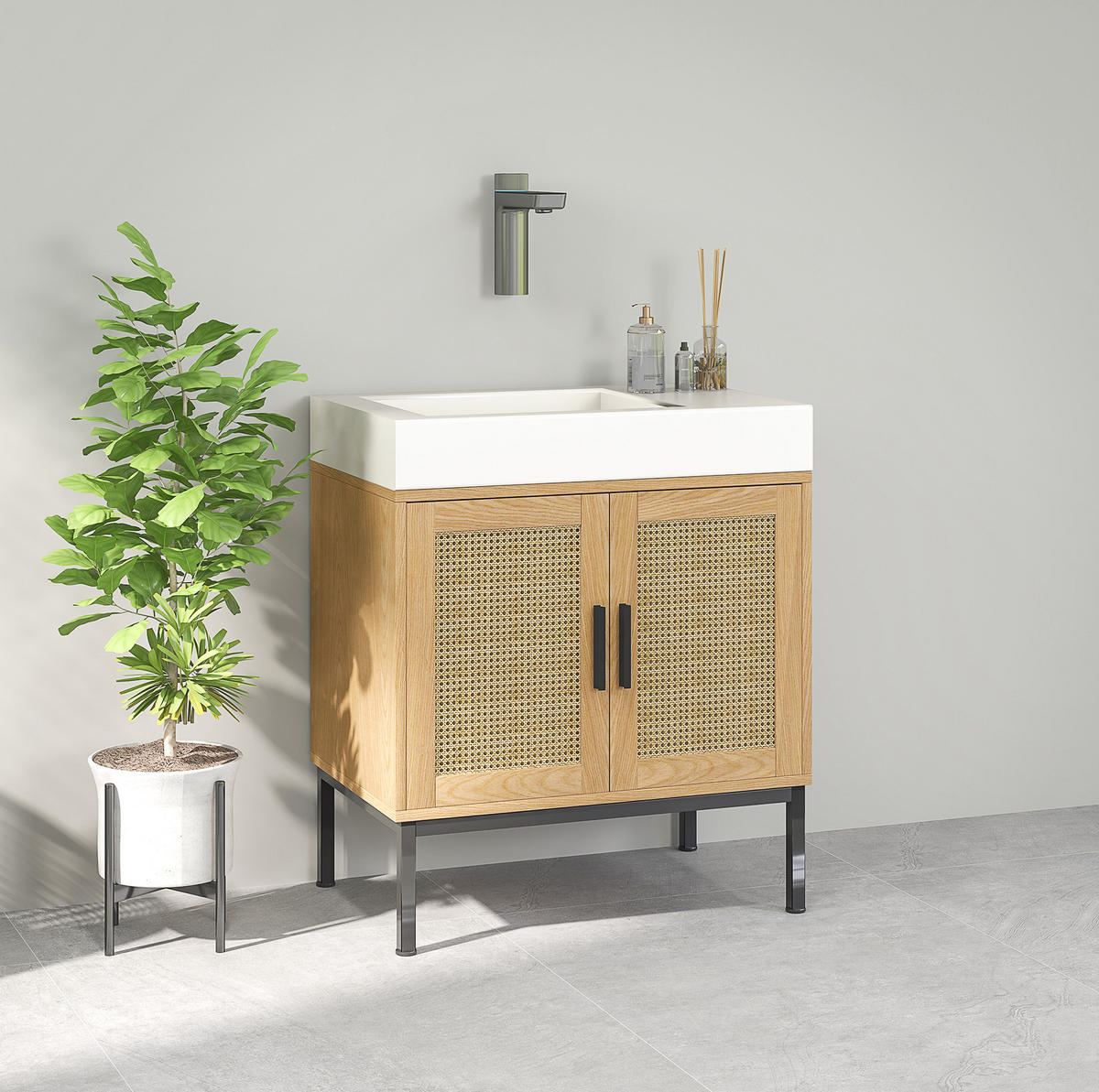 WASCHBECKENUNTERSCHRANK 60x39x60 cm Eiche mit Rattan-Türen & schwarzen Metallbeinen - Eichefarben, Holzwerkstoff (60/60/39cm) - Modfu